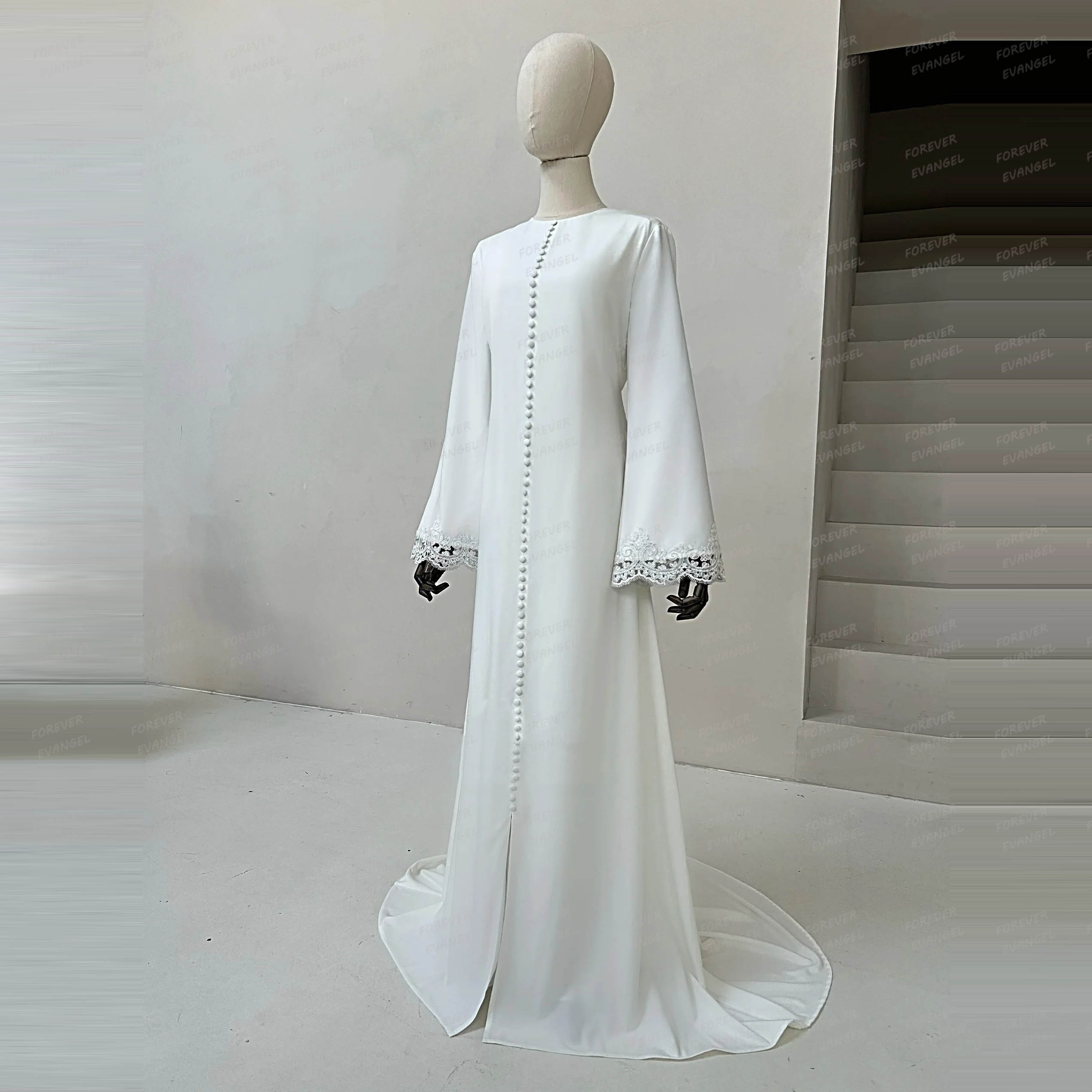 Simple Elegant Wedding Dresses A Line Woman's Formal Lace Long Sleeve Bride Gowns Button Sweep Train Customized Vestido De Novia