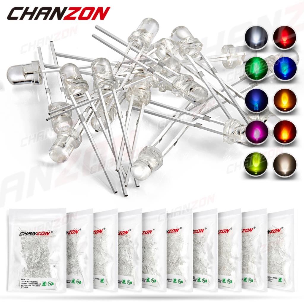 Комплект светодиодных диодов 3 мм, теплый белый, красный, синий, зеленый, УФ-оранжевый, желтый, розовый цвет, набор ламп 2 В, 3 В, ассортимент печатных плат