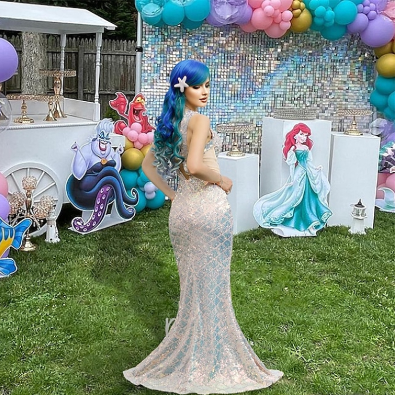 HAIRJOY ロングウェーブのかかったブルーグリーンマーメイドウィッグカーリーアリエルリトルマーメイドウィッグパーティーコスプレウィッグ衣装女性と女の子用