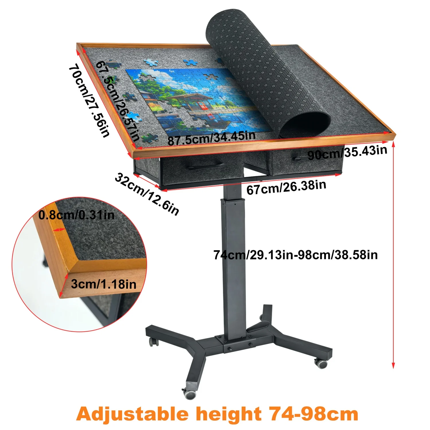 Rolling 1500 Pieces Jigsaw Puzzle Table with Drawers Angle & Height Adjustable for Adults Tilting Portable Puzzle Board Table