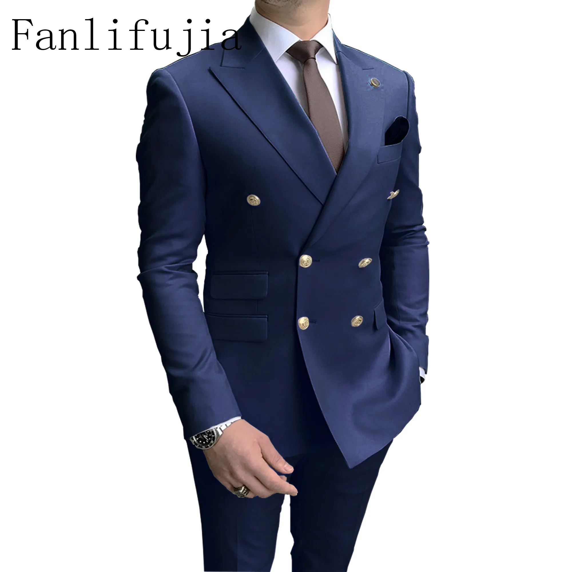 Fanlifujia Store Navy Men Party Tuxedos 2-częściowe Najnowsze garnitury męskie z klapami szczytowymi Złote guziki Garnitury w stylu mody Dwurzędowe