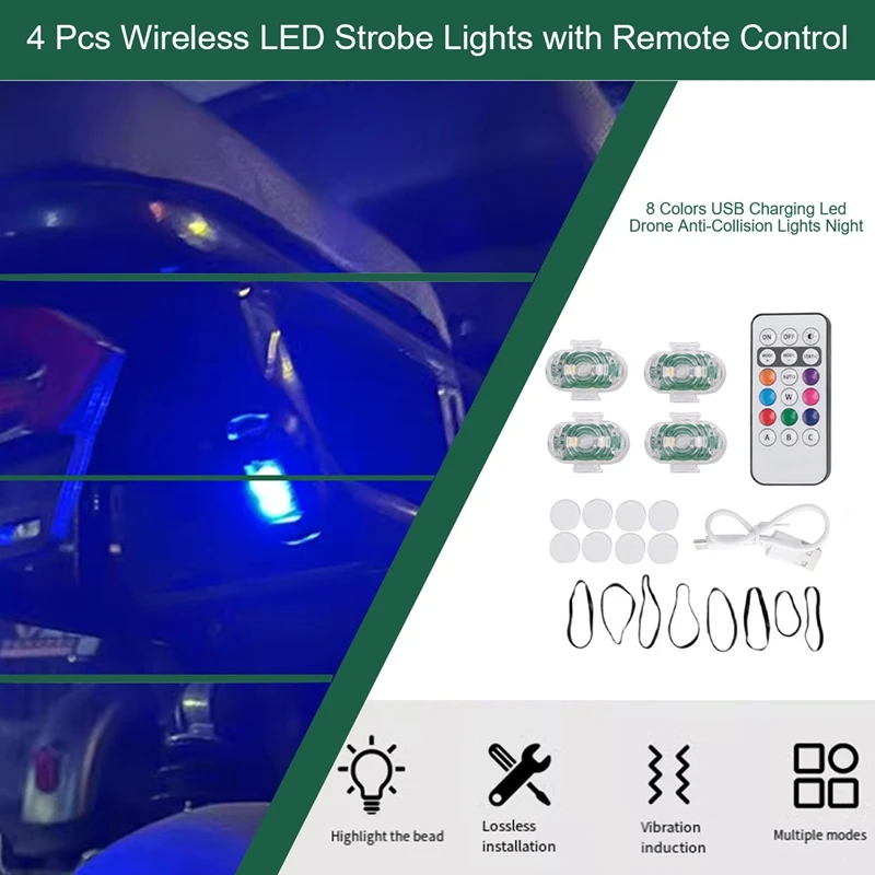 4 Pcs Wireless LED Strobe Lights With Remote Control, 8 Colors USB Charging Led Drone Anti-Collision Lights Night