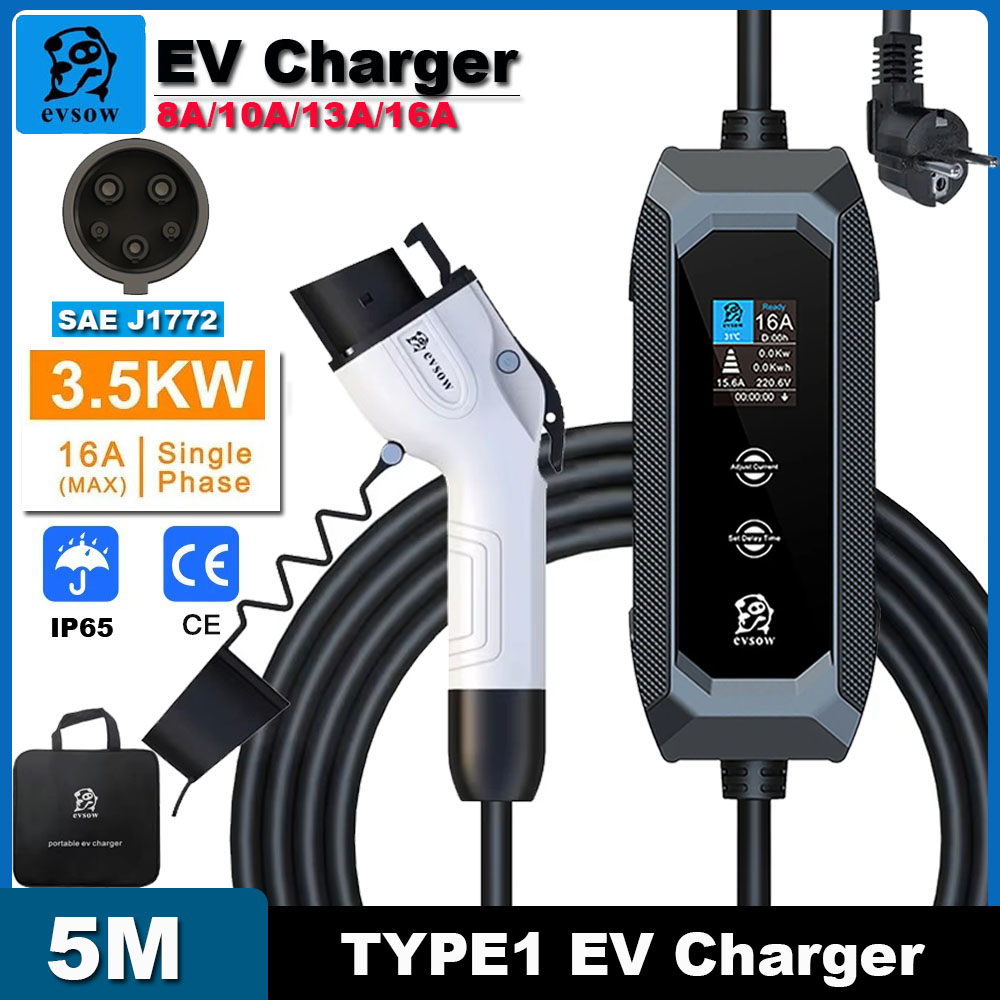 Evsow-cargador portátil EV Type1 16A 3,5 kW, cargador de coche eléctrico J1772, Cable de carga de 5M, 8A-10A-13A-16A, Wallbox ajustable EVSE