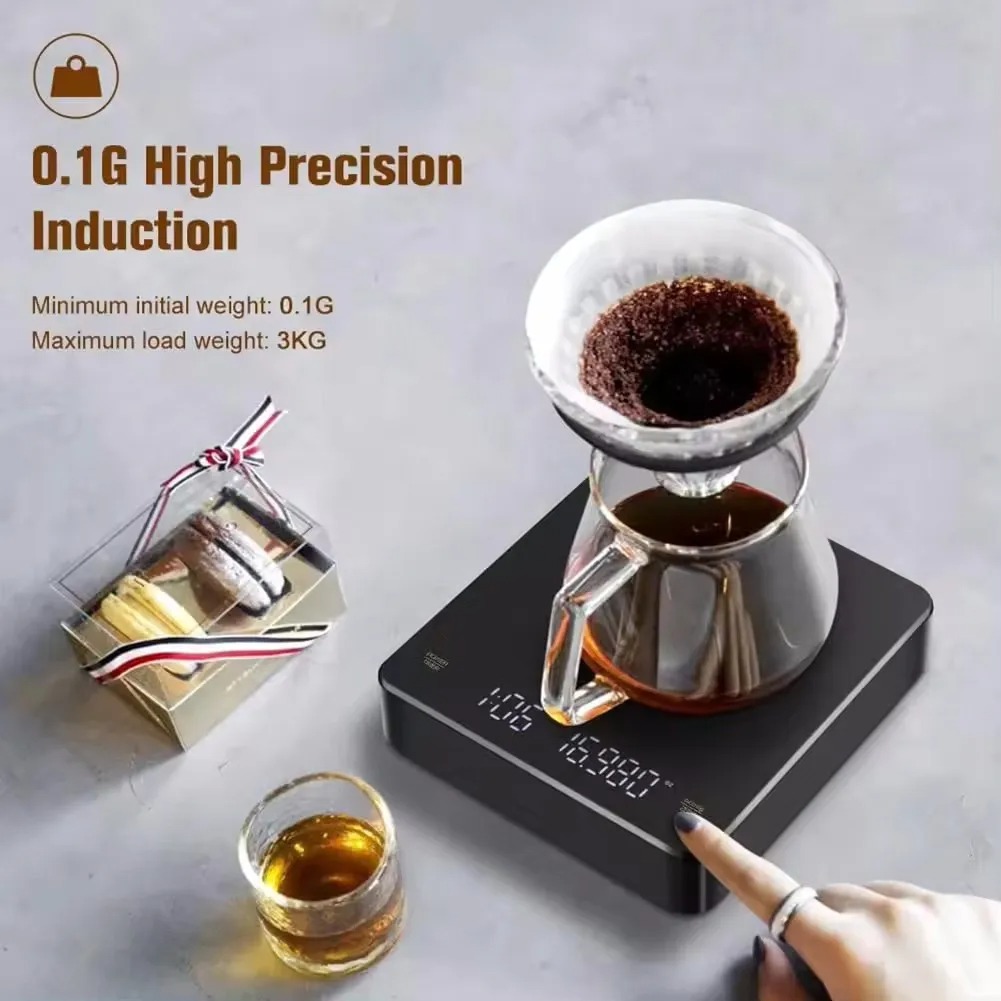 KC2 Digital Rechargeable Coffee Scale with Timer LED Screen Espresso USB 0.1g to 3kg High Accuracy Measuring Kitchen Scale