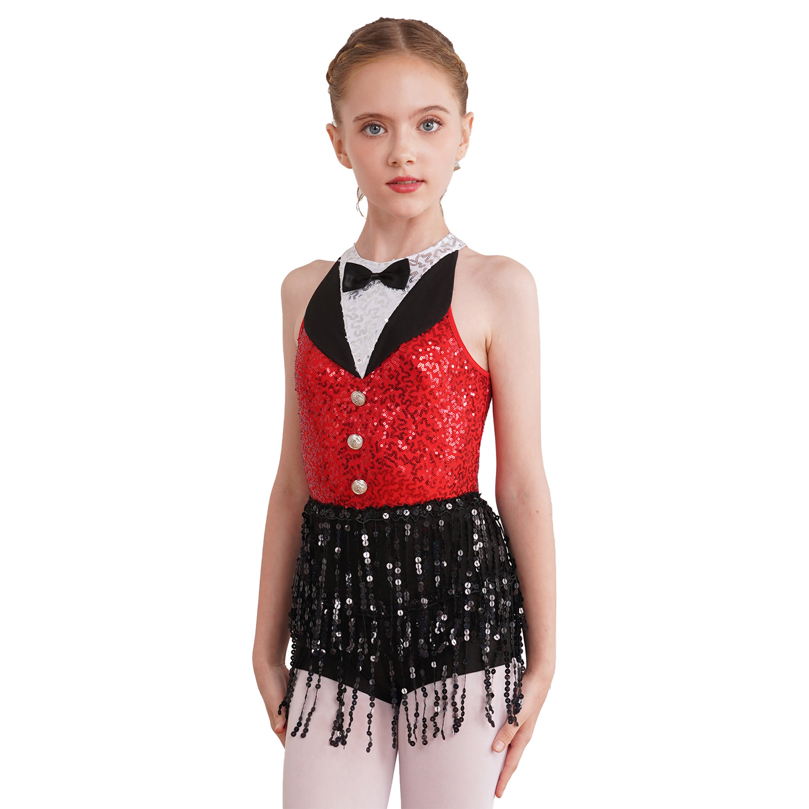 Costume da spettacolo di danza jazz hip-hop moderno con paillettes per bambini, ragazze, pantaloncini senza maniche, abito da ballo latino con nappe con paillettes