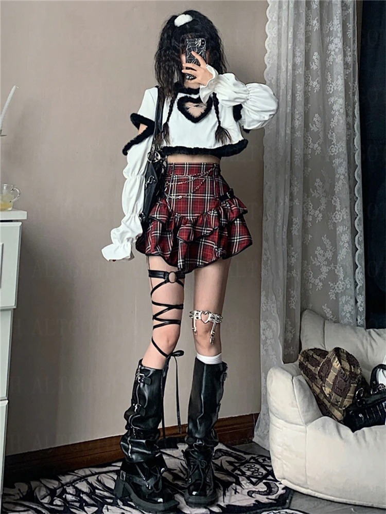 アルトゴス パンク ゴシック レッド チェック柄 スカート レディース ヴィンテージ Y2K Eガール エモ アルト ハイウエスト ケーキスカート 原宿系 フェアリーコア グランジ クラブウェア