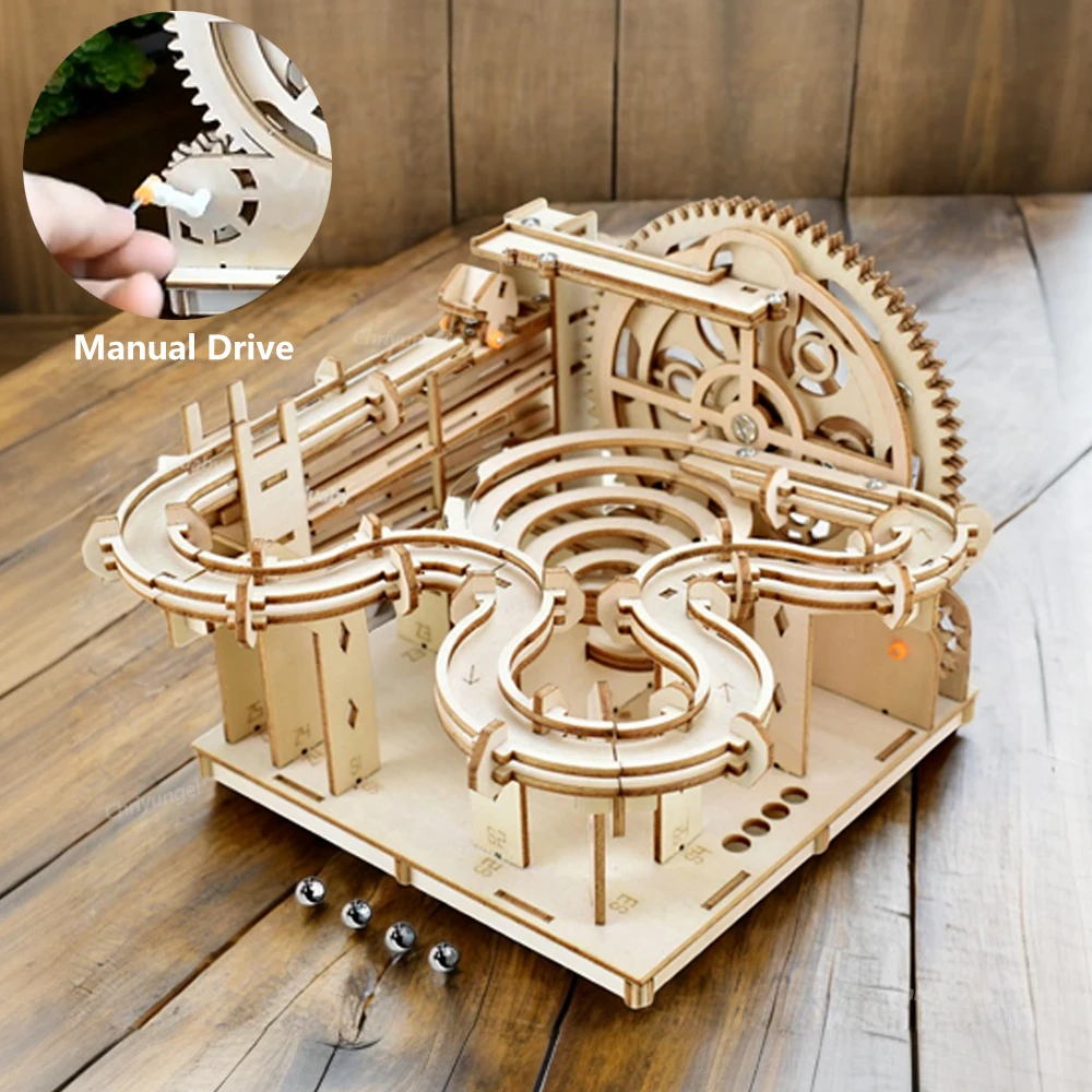3D 나무 퍼즐 DIY 조립 키트 기계식 모델 구슬 런 세트 (4개 볼 포함) 창의력 STEM 장난감 성인 어린이 생일 선물