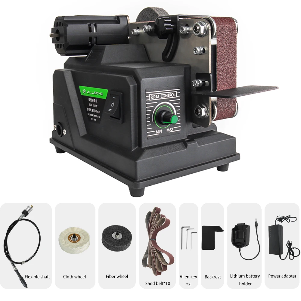 Allsome mini lixadeira de correia, lixadeira elétrica de 180 W com 10 peças de correias de lixa de 533 * 30 mm, adequada para bateria Makita 18V