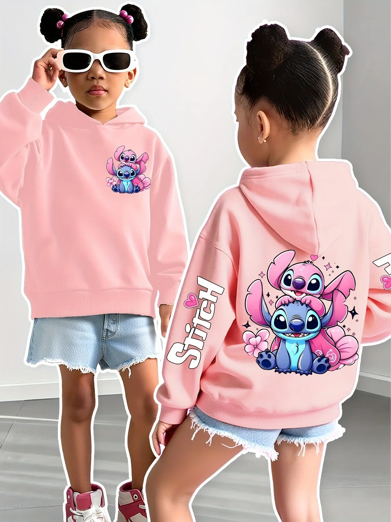 2025 Disney Felpe con cappuccio Moda Stitch Angelo Mostro Tasca Felpa Pullover Felpe carine Ragazze Bambini Felpa Cartoon Top Y2k