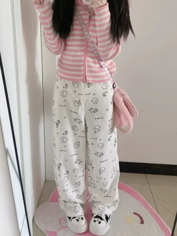 HOUZHOU Y2k かわいい甘いハイストレートパンツ女性和風原宿かわいい漫画プリントルーズズボンソフトガール 2024