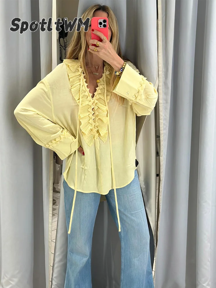 Kobiety Casual Yellow Ruffles Tops Fashion V Neck Lace Up Long Sleeve Loose T Shirt 2025 Summer Lady High Street Commute Clothing