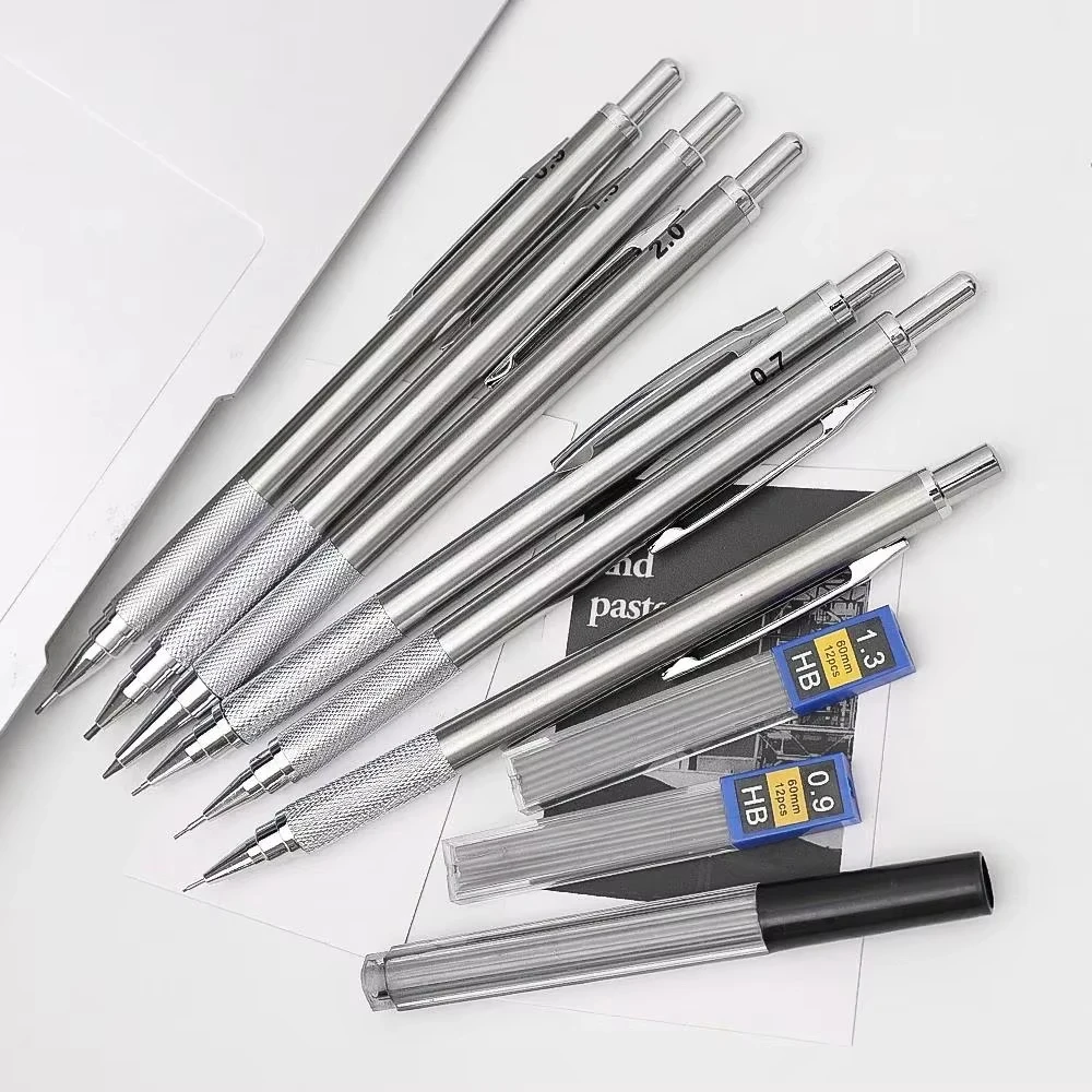 Matita meccanica in metallo 0,3/0,5/0,7/0,9/1,3/2,0 mm Set di matite HB automatiche per disegno con mine per ufficio, scuola, scrittura, materiale artistico