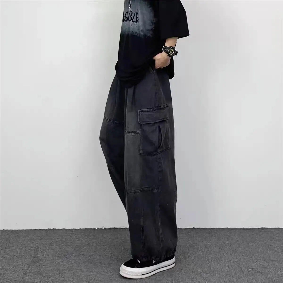 Macacão de bolso grande vintage de perna larga masculino, Y2K, neutro, solto, reto, casual, rua alta, hip hop, primavera e outono