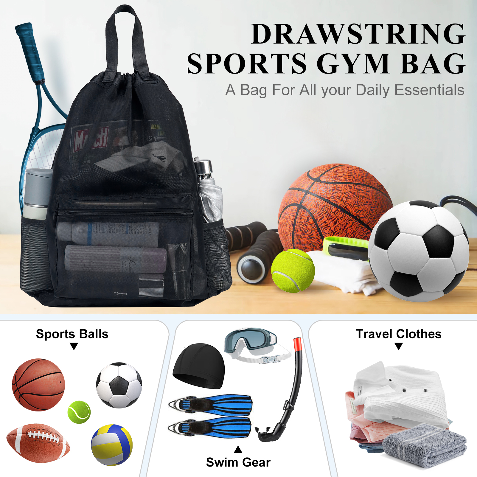 Aosbos Mesh Backpack for Men Women Casual Daypack Backpacks 35L Large Gym Drawstring Bags Semi-transparent for Travel Hiking