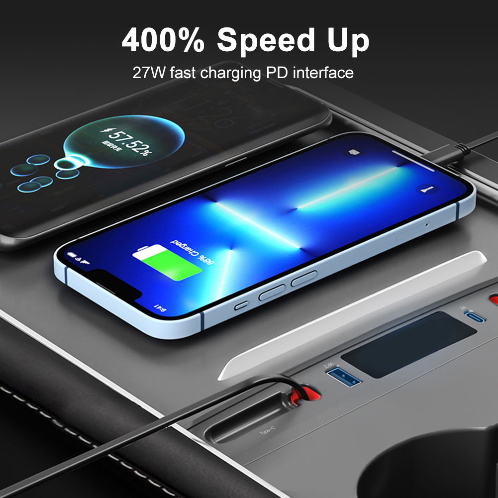 For Tesla Model 3 Y 27W Quick Charger USB Shunt PD Type C Hub Intelligent Docking Station Smart Sensor Car Adapter Powered 2023