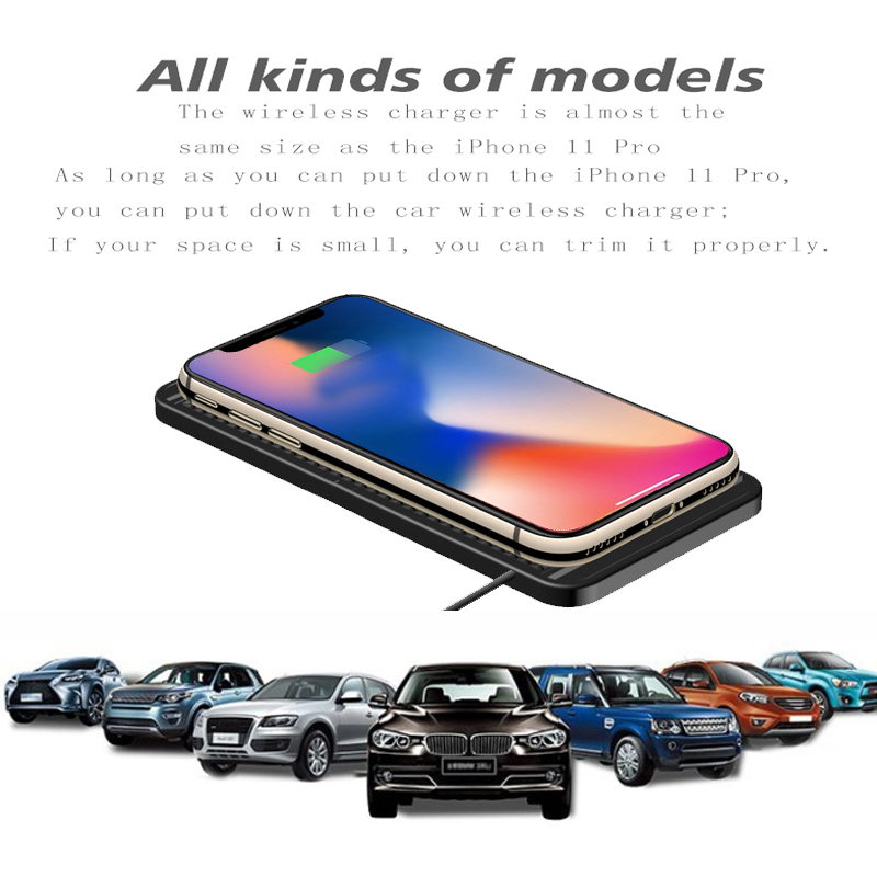 Almofada de carregamento sem fio do carro, carregador rápido do Non-Slip Qi, carregador do telefone para o Android, iPhone 11, 12, 13, 14, 15W