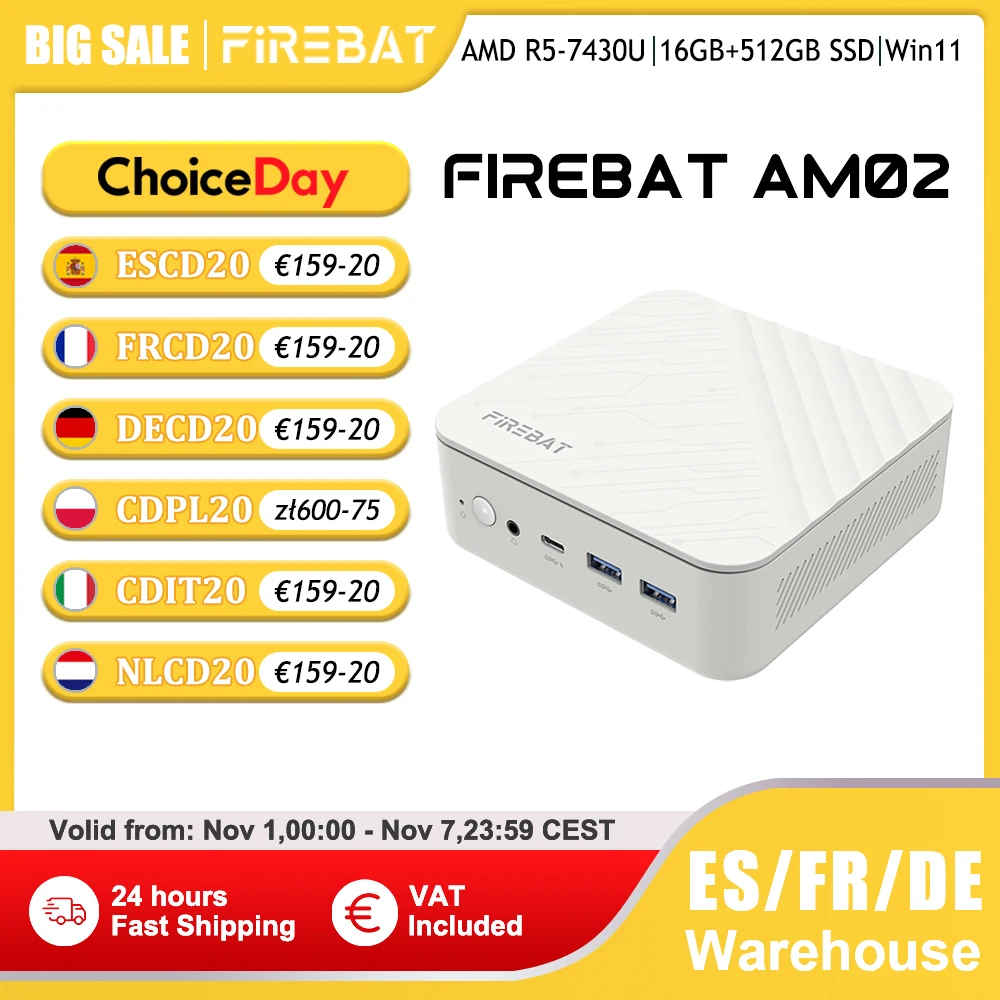 FIREBAT AM02 MINI PC AMD Ryzen 5 7430U Windows 11 Mini PC 16GB DDR4 3200MHz 512GB SSD Wifi 6 BT5.2 HDMI 2.1 Komputer stacjonarny