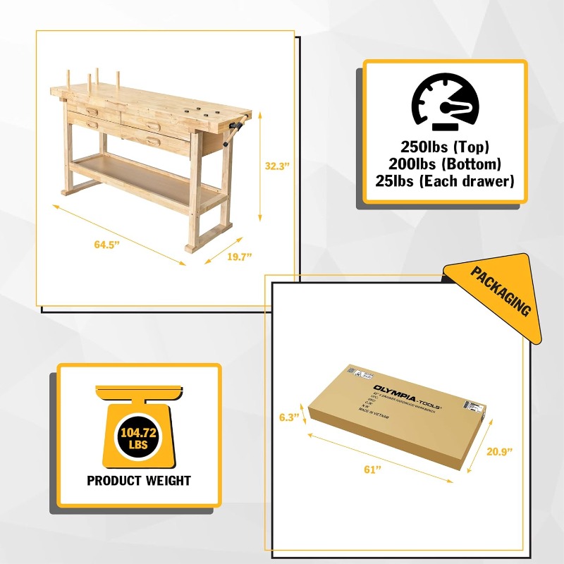 Olympia Tools 60-Inch Wooden Workbench - Rubberwood Workbench with 4-Drawer, 450lbs Weight Capacity - Perfect Workbench for Gara