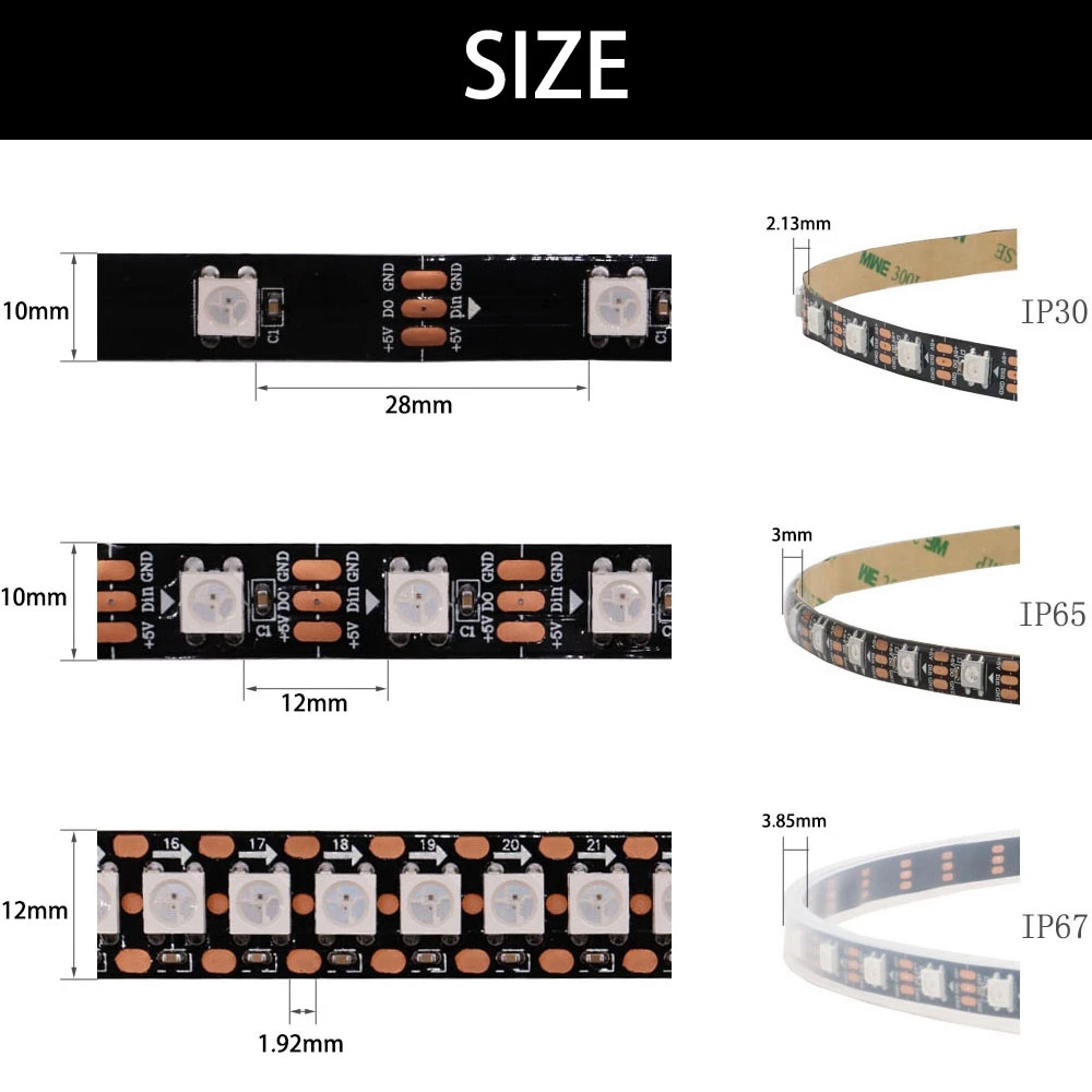 WS2812B Smart Pixel RGB Led Strip Light WS2812 IC indirizzabile individualmente 30/60/144 Pixel/Led/m IP30/IP65/IP67 Nastro Led DC5V