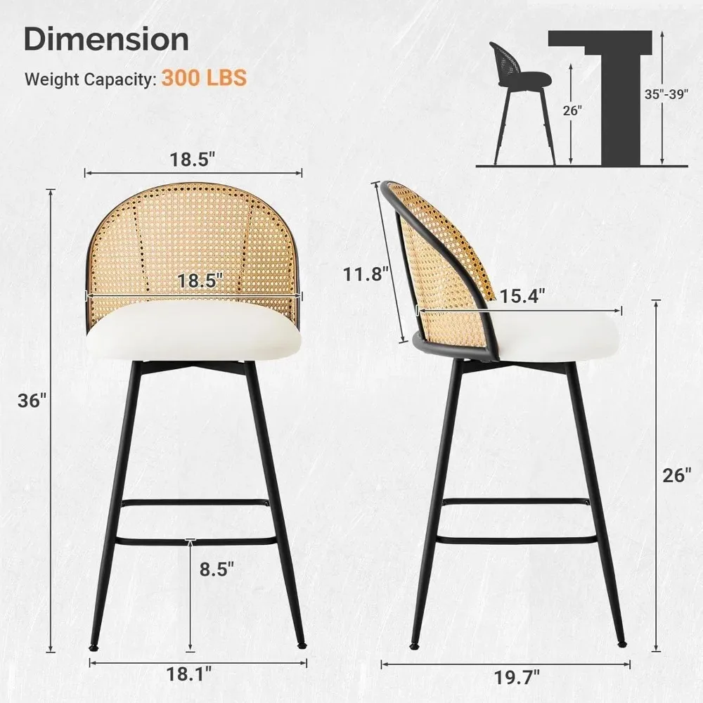 Counter Height Bar Stools Set of 2, 360° Swivel Upholstered Barstools with Rattan Full Back & Metal Legs, PU Leather 26" Mid