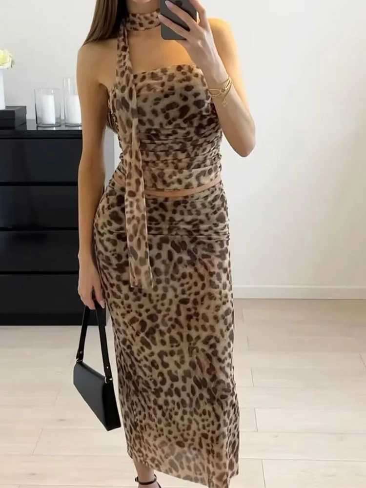 Zweiteiliges Set für Damen, Tüll, Leopardenmuster, Oberteil, Schulter, gerader Ausschnitt und geradem Rock mit Leopardenmuster, Sommer, lässig, Mädchen