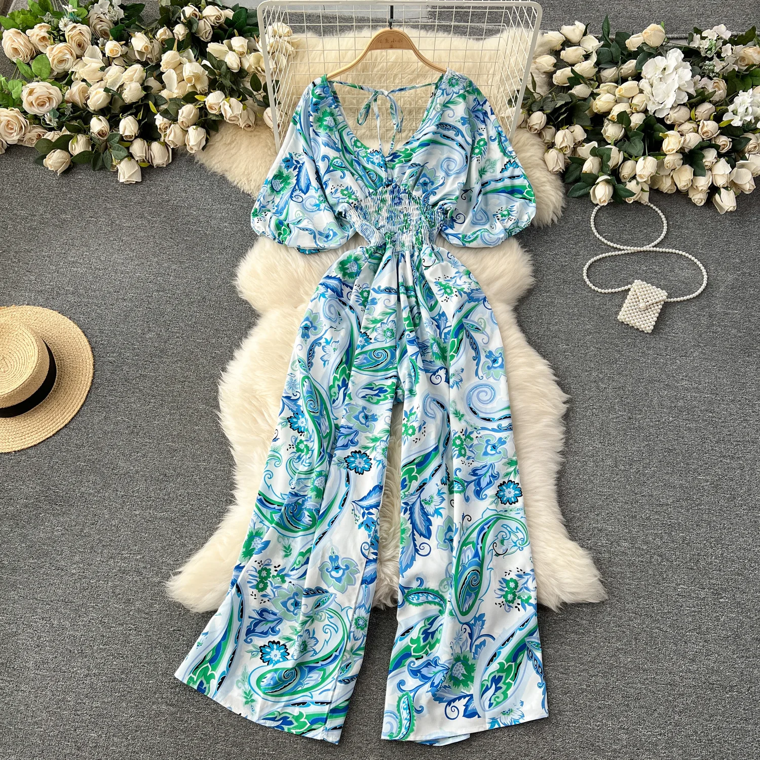 V-Hals Sexy Dolman Mouwen Taille Slanke Bloemenprint Jumpsuit Vrouwen Wijde Pijpen Broek Jumpsuit