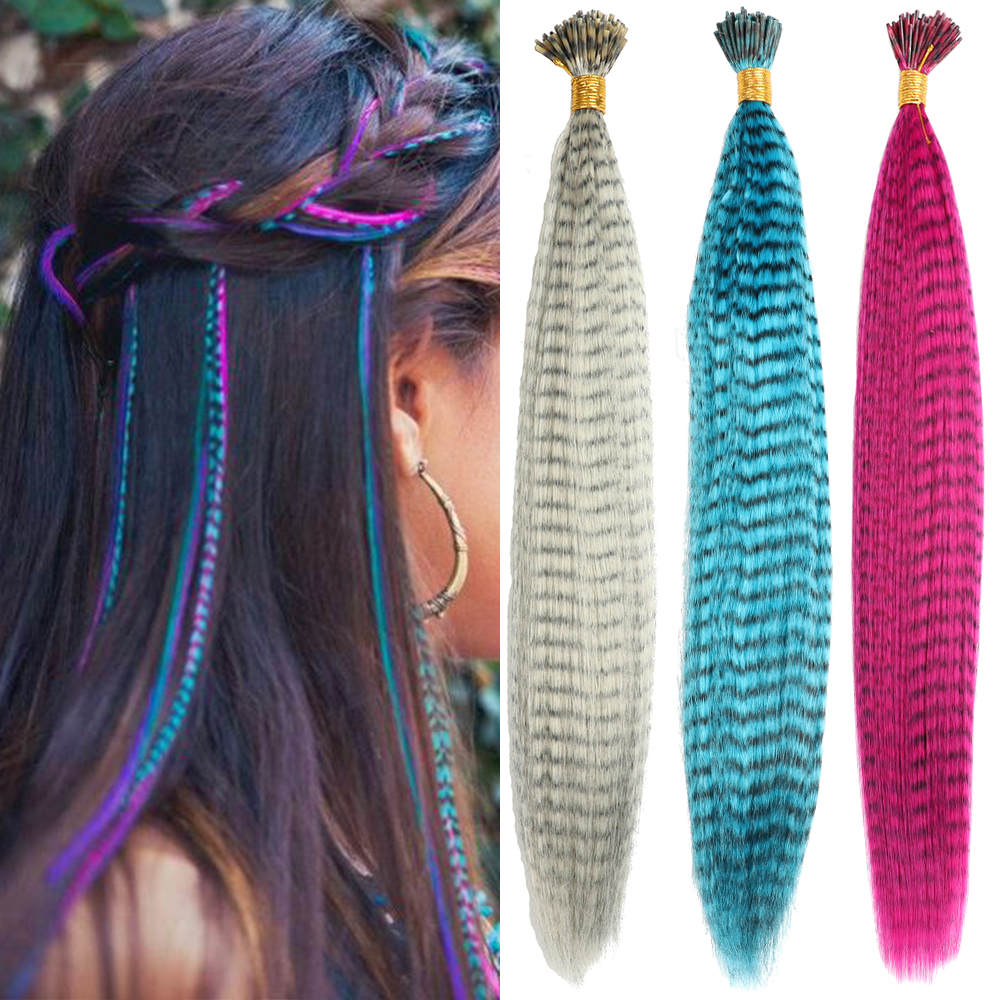 LISI GIRL Synthetische farbige Feder-Haarverlängerungen, 40,6 cm, 10 Stück/Packung, blau, lila, für Frauen, Zebra-Linie, Feder-Haarteil