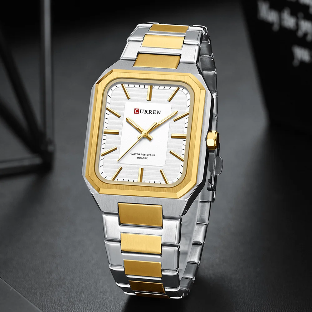 CURREN 8457 Relógio quadrado minimalista com pulseira de aço à prova d'água para casal relógio masculino e feminino com mostrador de barra