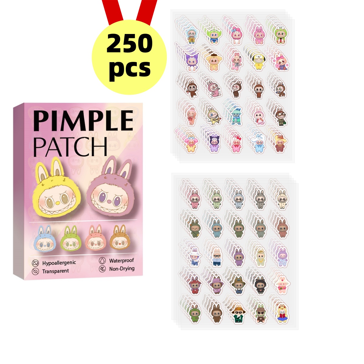 250 Uds labubu parches hidrocoloides para el acné, parches redondos para el acné, parches para el acné en forma de estrella, regalos de cumpleaños, regalos del Día de San Valentín