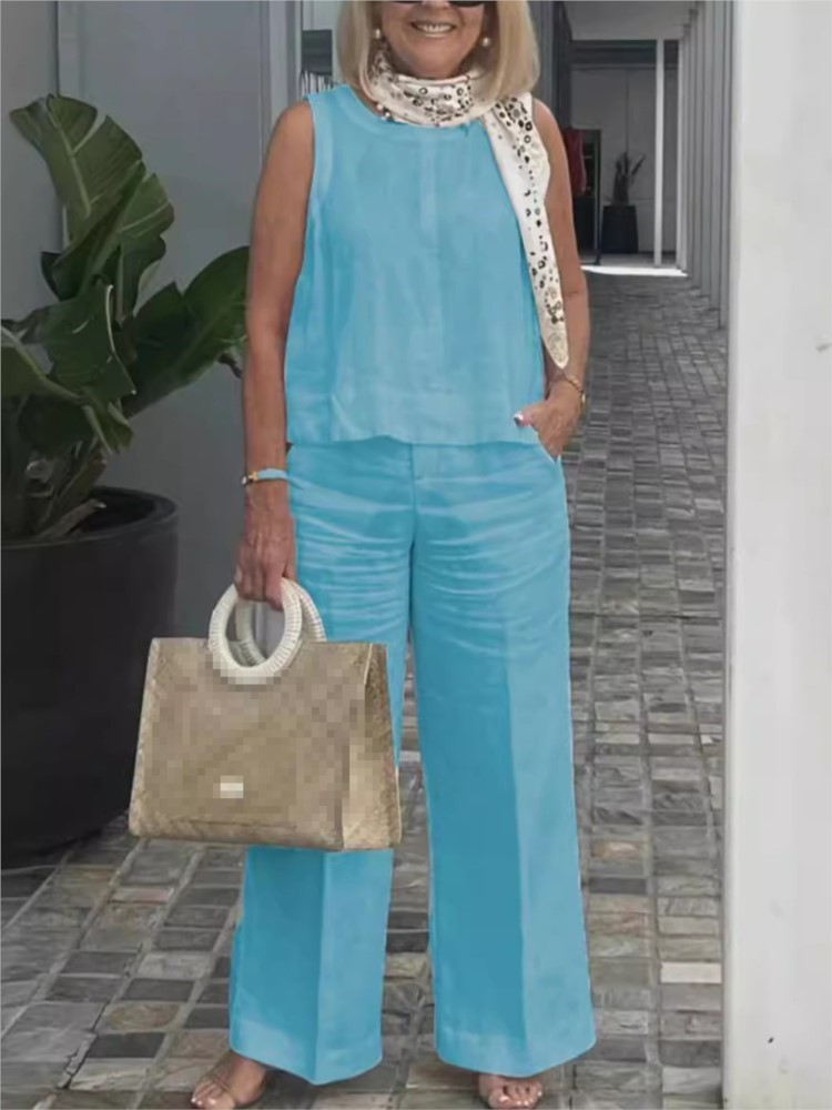 女性用リネンとコットンの服セット,ルーズフィット,ノースリーブ,ワイドレッグ,カジュアルウェア,2枚