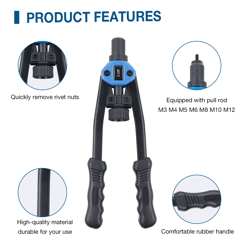 Pistolet à riveter manuel M3 M4 M5 M6 M8 M10 M12, riveteuse professionnelle à domicile, outil de rivetage rapide d'écrou d'insertion, avec 110 écrous à riveter, valise en plastique, pistolet à riveter professionnel