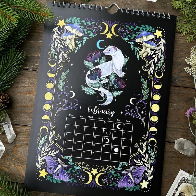 2024 Mondphasen kalender Dark Forest Elf Serie Wandkalender Monats planer mit Dark Moon Ornament Home Office