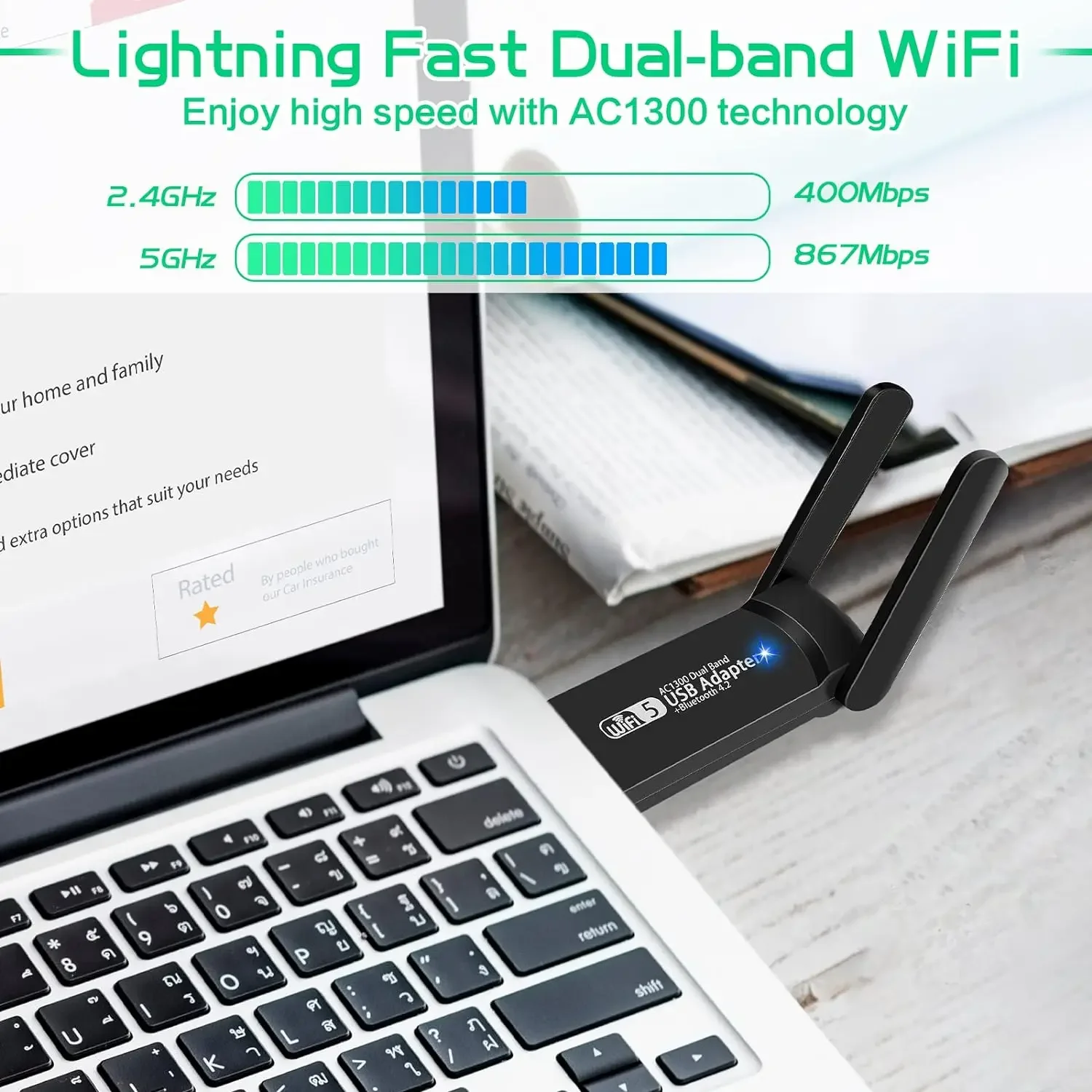 5G Wi-Fi ресивер, двухдиапазонный Bluetooth Wi-Fi адаптер 1300 м, беспроводная сетевая карта usb, Wi-Fi донгл, антенна для ПК/ноутбука Win10