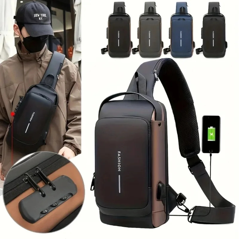 Bolso bandolera antirrobo para hombre, puerto de carga USB, bandolera para el pecho, mochila de viaje, bandolera impermeable para hombre