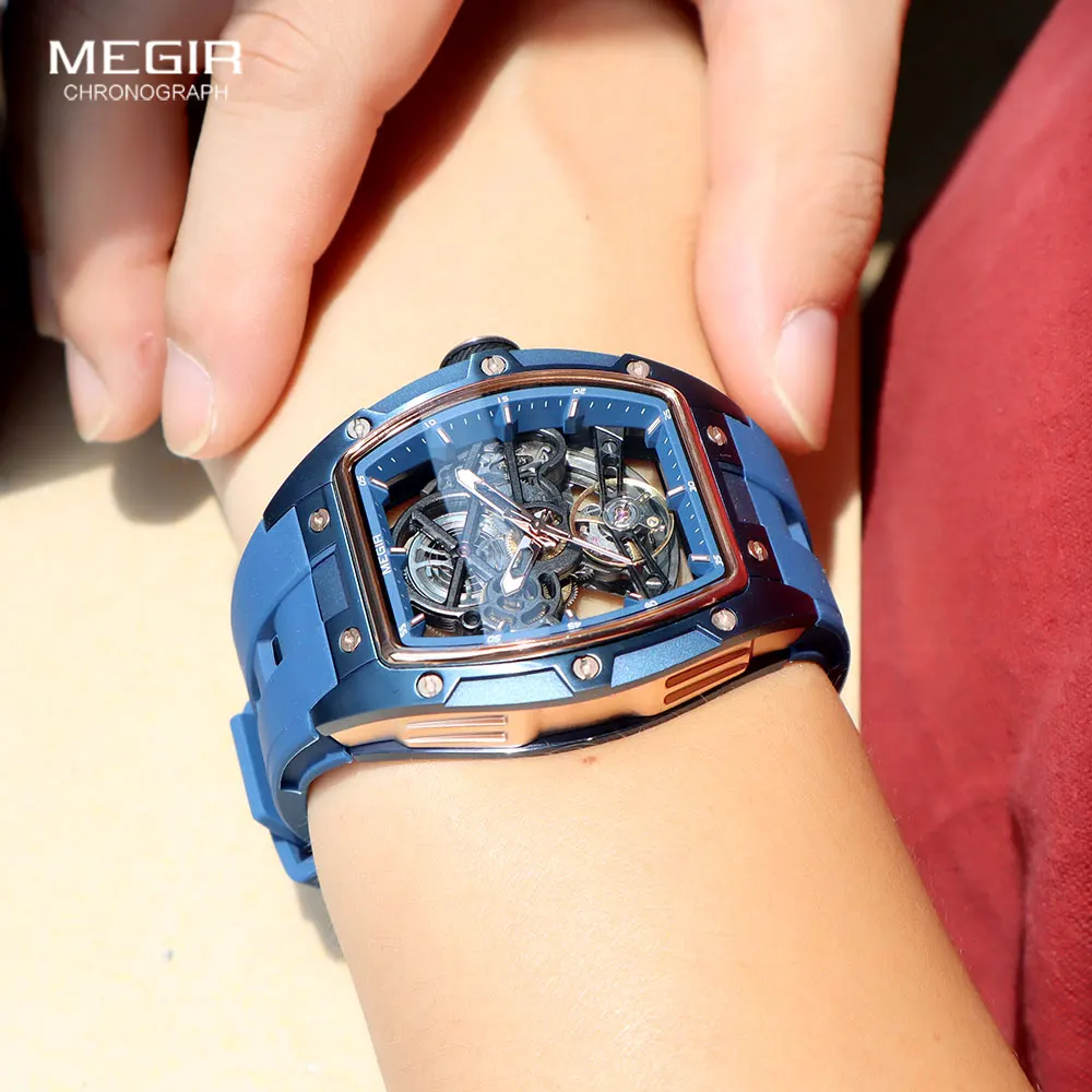 Megir 2242 Blauw Automatisch Horloge Voor Heren Sport Waterdicht Roestvrij Staal Mechanisch Polshorloge Met Siliconen Band Skelet Wijzerplaat