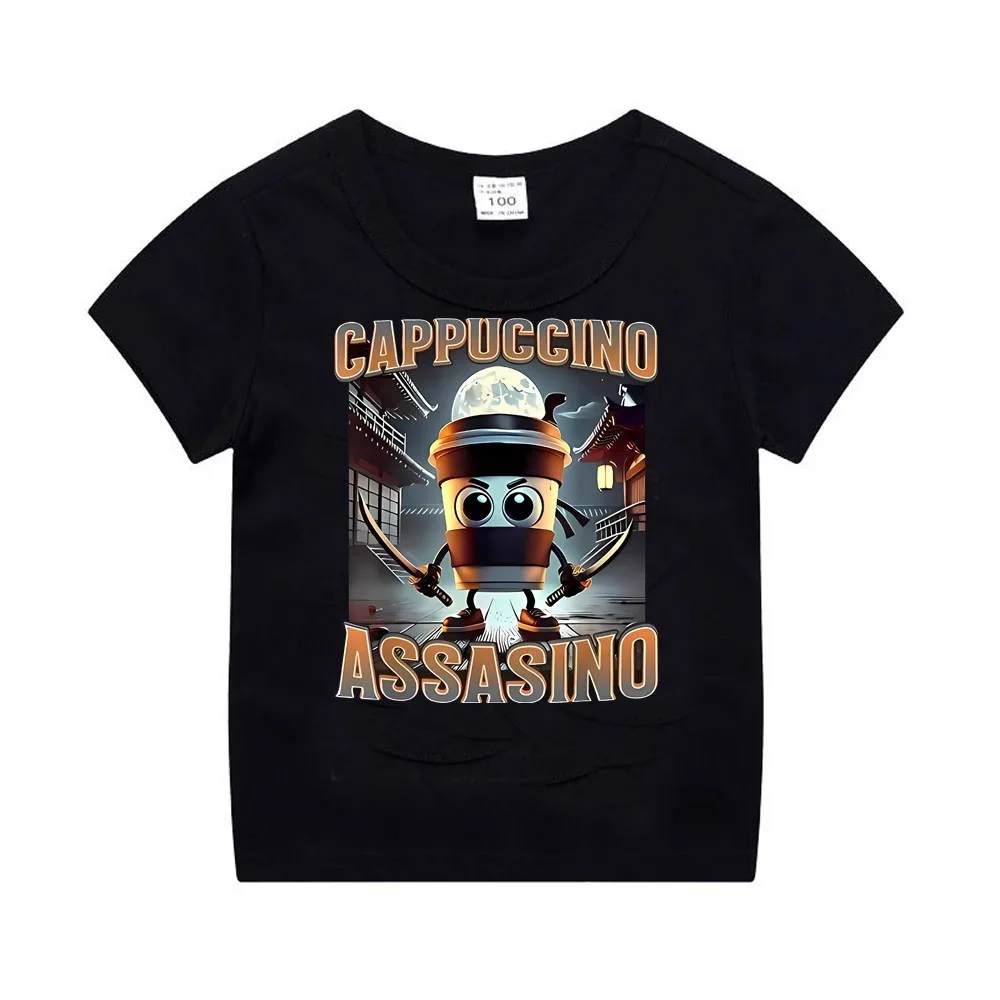 Camiseta italiana de algodón con animales de Brainrot para niños, camisetas de manga corta con capuchino Assassino para niños, camiseta bonita con meme divertido, ropa de verano