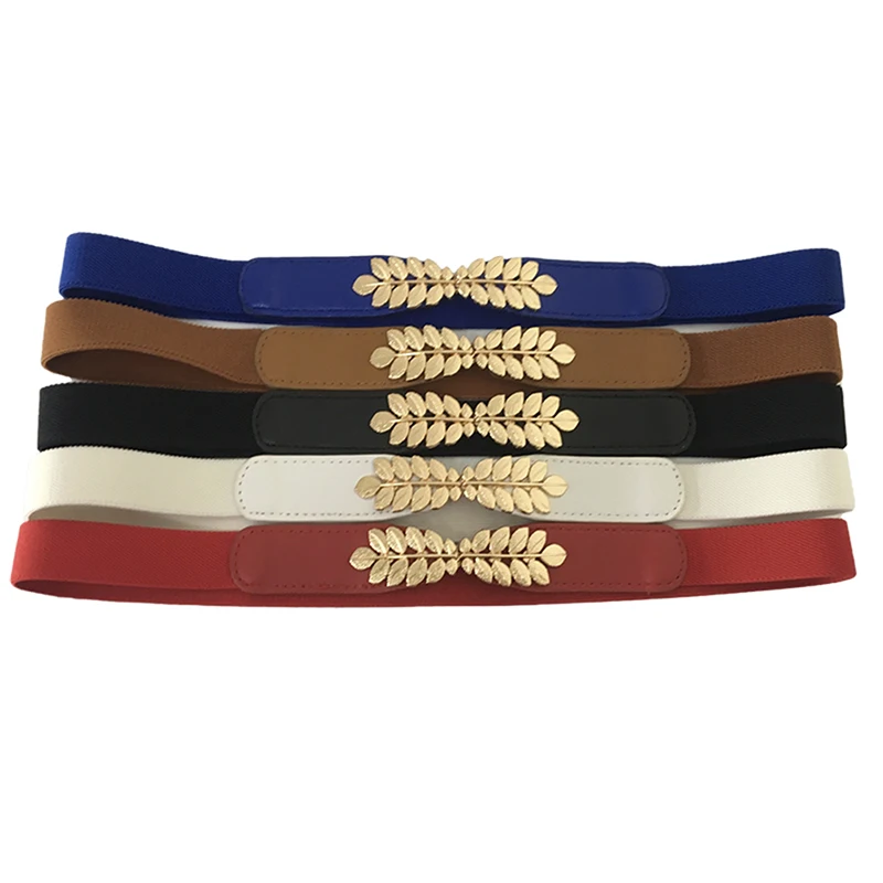 Mode Blad Taillebanden Rekbare Dame Hot Elastische Cummerbunds Voor Vrouwen Donkerblauwe Riem Jurk Goud Dubbele Metalen Gesp Tailleband
