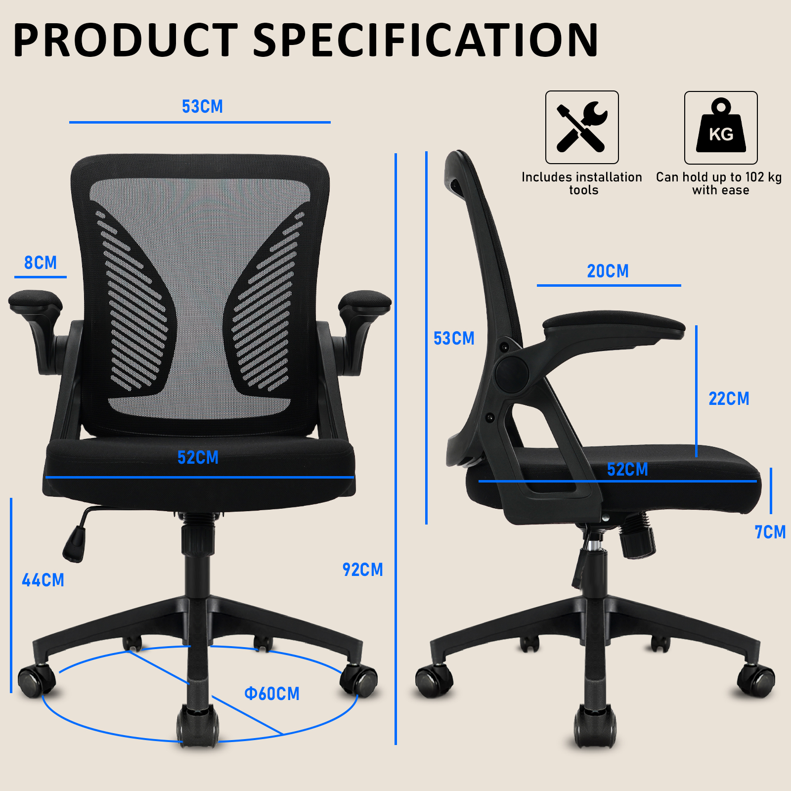 Milacyee Bureaustoel Ergonomisch Bureau met 90 °   Opklapbare armleuning lendensteun, in hoogte verstelbare stoel, thuis/kantoor
