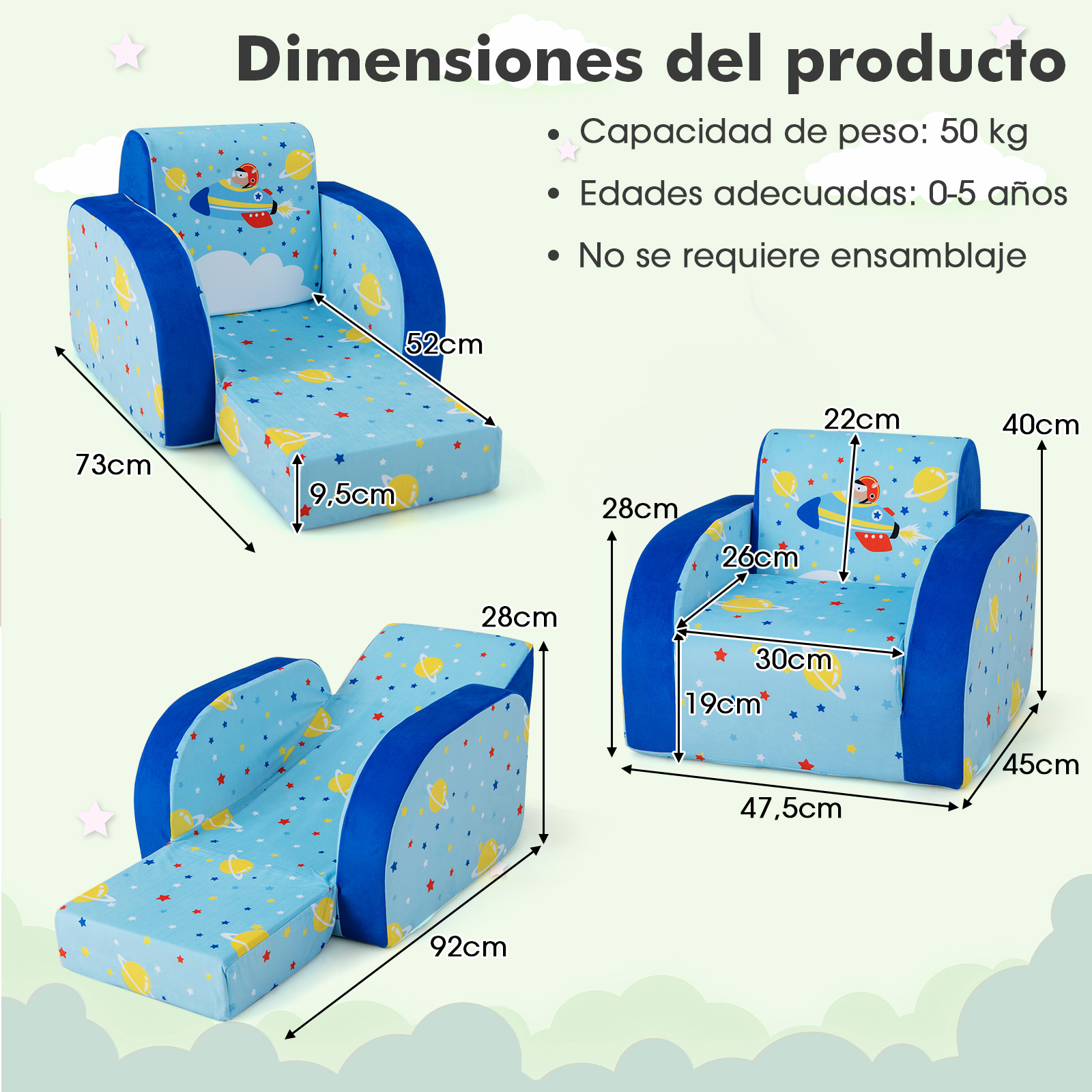 Sillones Infantiles Convertible 3 en 1, Sofá Cama para Niños con Asiento Acolchado de Espuma, Funda Protectora Extraíble, Sillón Reclinable Plegable para Niños de 0-5 Años, Azul, avión