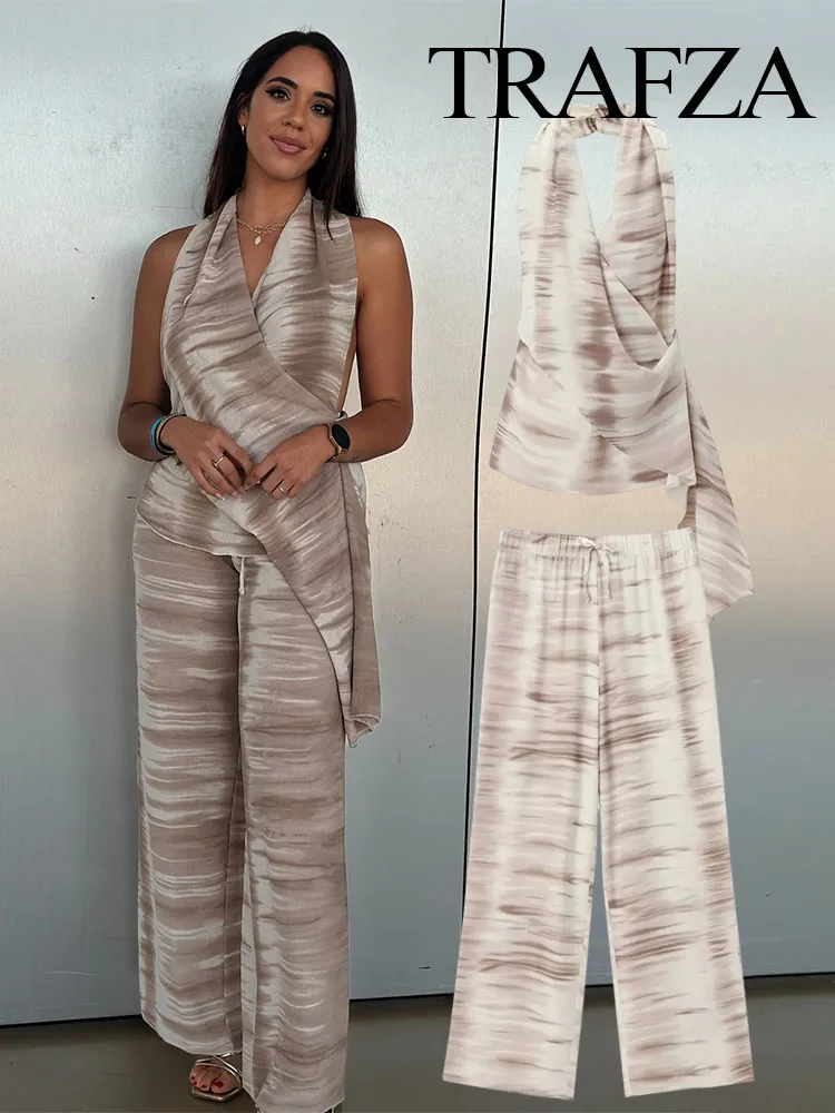 TRAFZA, moda de verano para mujer, Tops informales con espalda descubierta y teñido anudado, conjunto de 2 piezas, pantalones de pierna ancha con cintura elástica y cordones Vintage, trajes TRAF