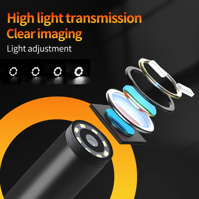 Câmera Endoscópio de Lente Tripla com Luz, Câmera de Esgoto, Cabo Semi-Rígido, Câmera Borescope, 8 Lights, 1080P, 5 "IPS