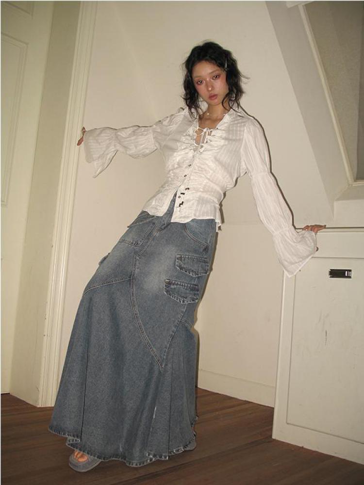 Yedinas-Blusa de estilo Fairycore para mujer, ropa de manga acampanada con cordones, camisa de un solo pecho con lazo, Tops elegantes Y2k para otoño, 2023
