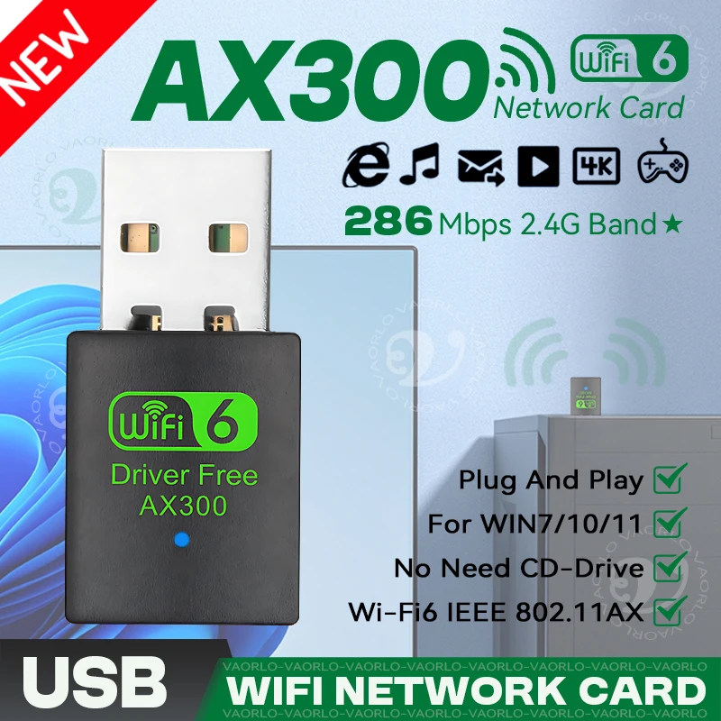 WiFi6 USB Draadloze Netwerkkaart 2.4G High-Speed AX300 Drive Gratis Mini WIFI Adapter Ontvanger Dongle WLAN 286 Mbps Voor Win 7/10/11