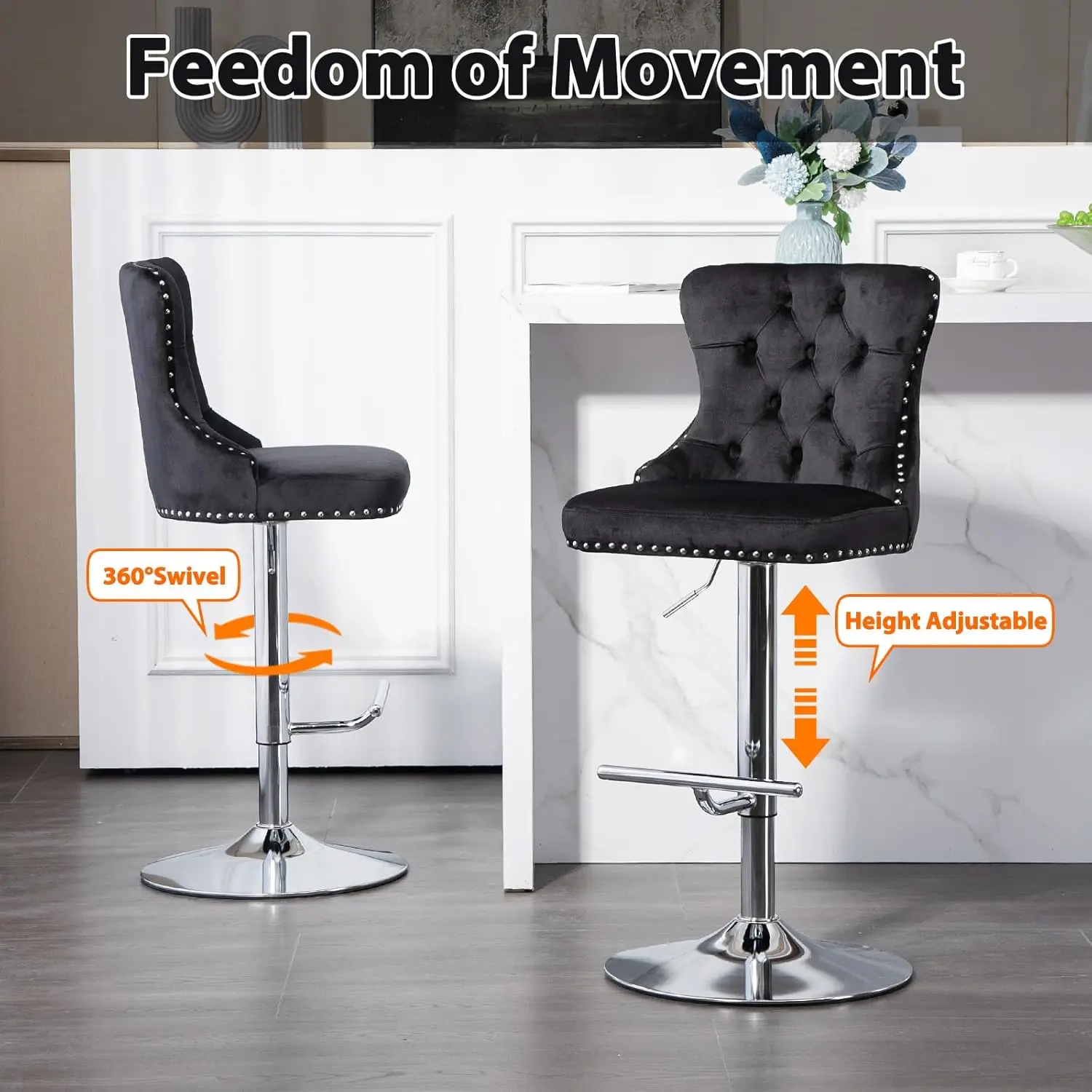 2 PCS Modern Swivel Bar Stools Velvet Adjustable Bar Chairs with Backs and Footrest Adjustable Barstools for Kitchen Club