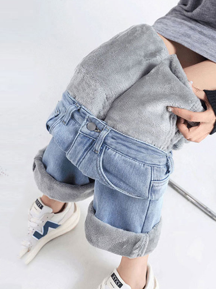 ผู้หญิง Thicken Baggy ตรงกางเกงยีนส์ฤดูหนาว WARM High เอวกํามะหยี่เรียงรายขากว้างกางเกงเกาหลีแฟชั่นสบายๆ Vaqueros