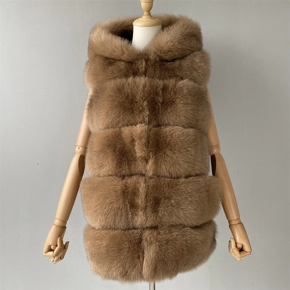 Jaxmonoy Damen-Echtpelzweste mit Kapuze, Herbst-Winter-Mode, luxuriöse natürliche Fuchspelzweste, Damen-Oberbekleidung, 2024, Neuankömmling