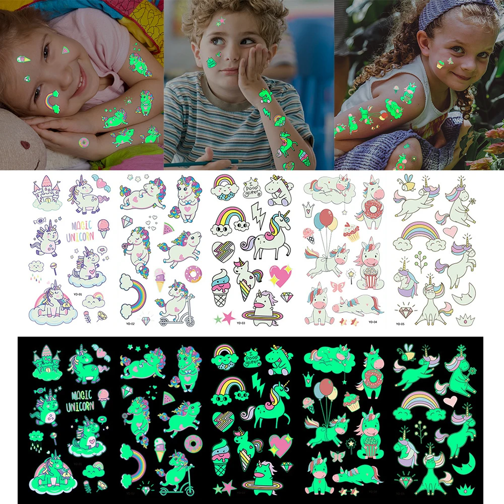 5 stücke Leuchtende Glow Einhorn Nette Muster Wasserdicht Temporäre Tattoo Aufkleber Glitter Regenbogen Arm Gesicht Körper Kunst Gefälschte Tattoos