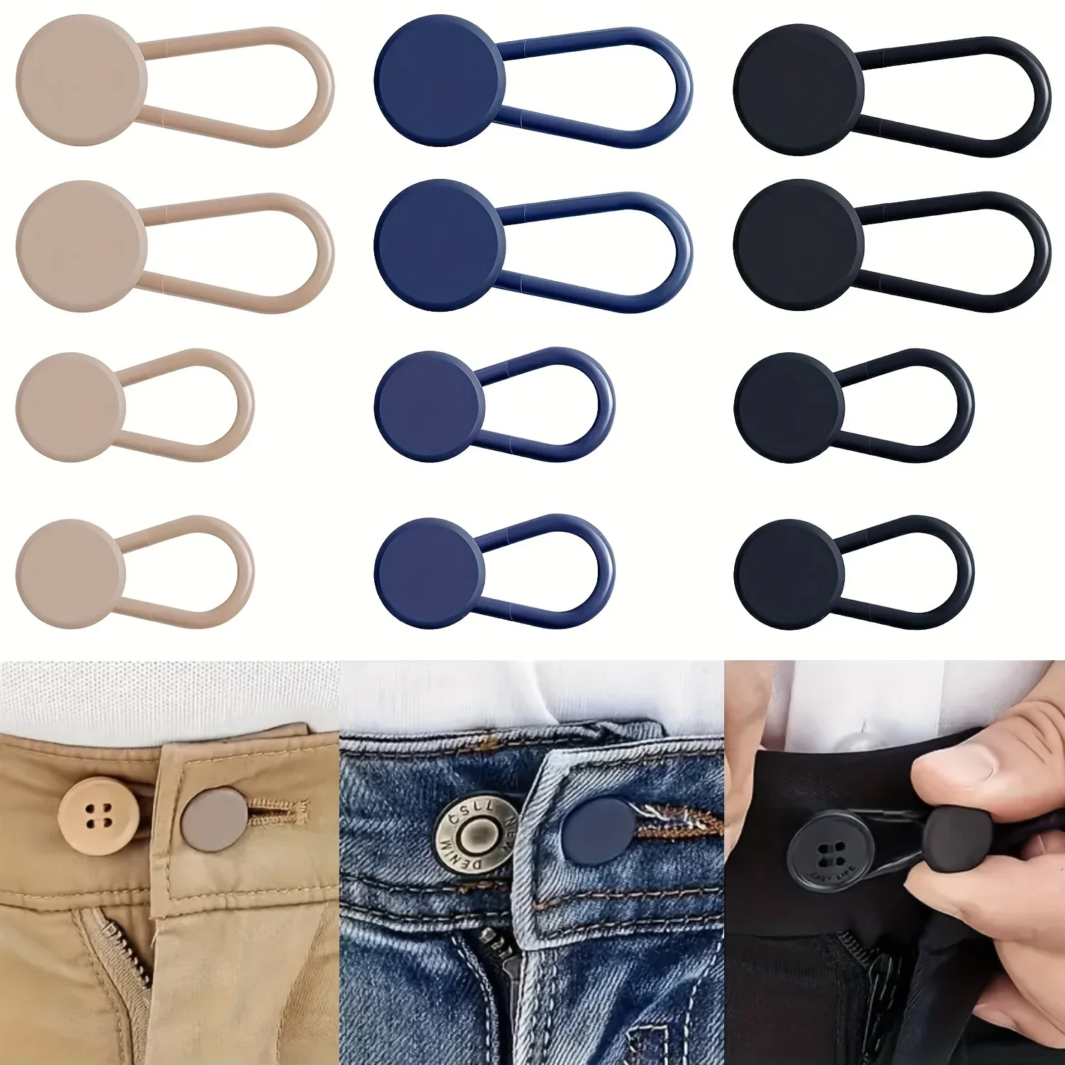 Einfach anzubringende 4/12er-Pack Jeans-Taillenverlängerungen ohne Nähen – verstellbare Hosenknopf-Expander fügt 1-1,4 Zoll Unisex hinzu in Khaki/Blau/Schwarz