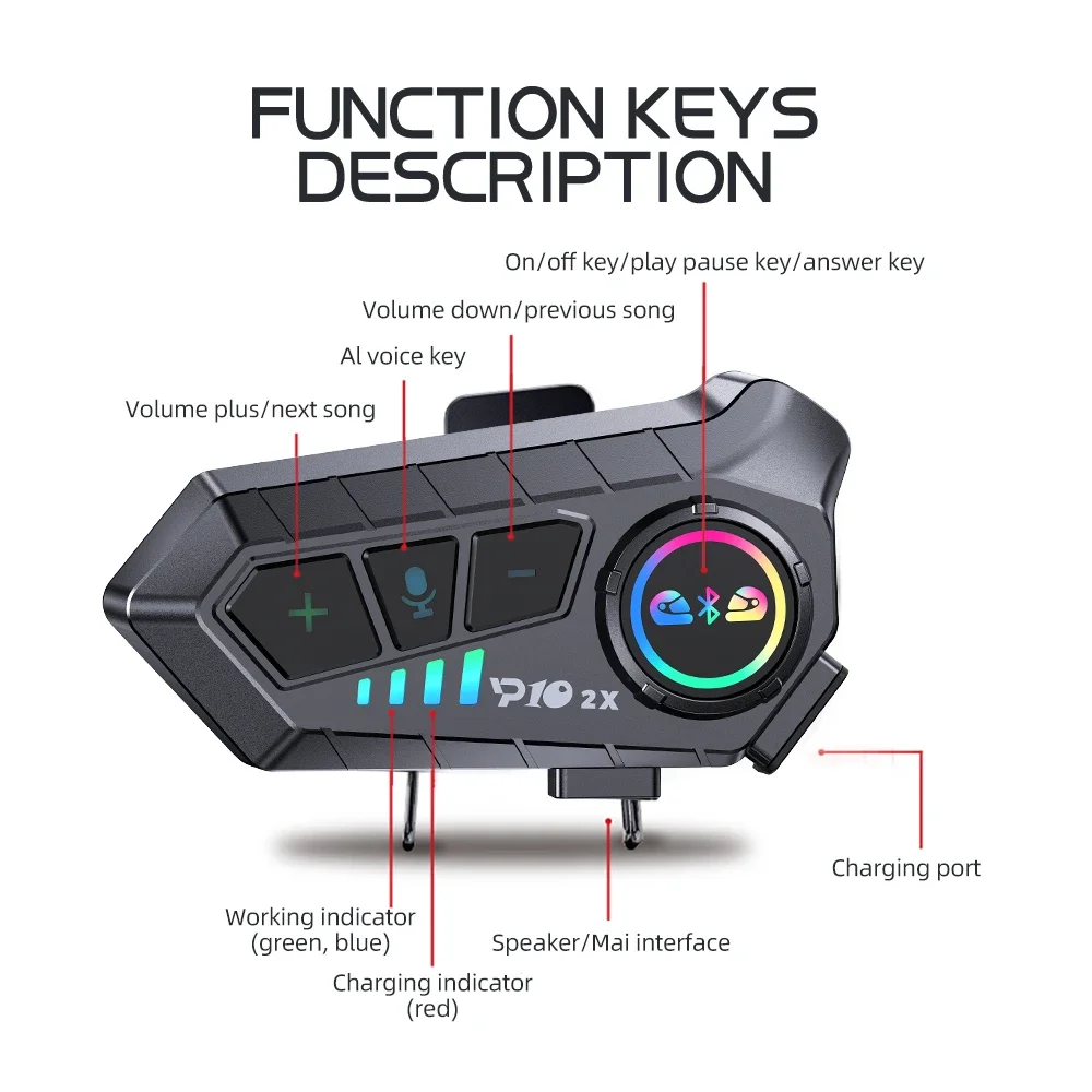 KEBIDUMEI 1/2x Motorcycle Intercom Headset Helmet For 2 Riders intercommunicator Moto 300M Waterproof Music Sharing Interphone