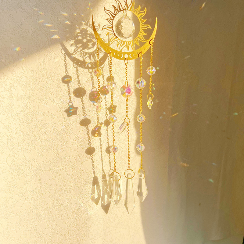 1pc gold flame moon crystal pendant sunlight catcher outdoor garden ab colourful hanging decorations hanging ornaments